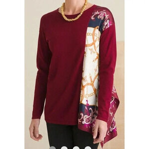 Chico’s Sweater Top Women’s 0 (S) Burgundy Red Scarf Trim Asymmetrical NEW